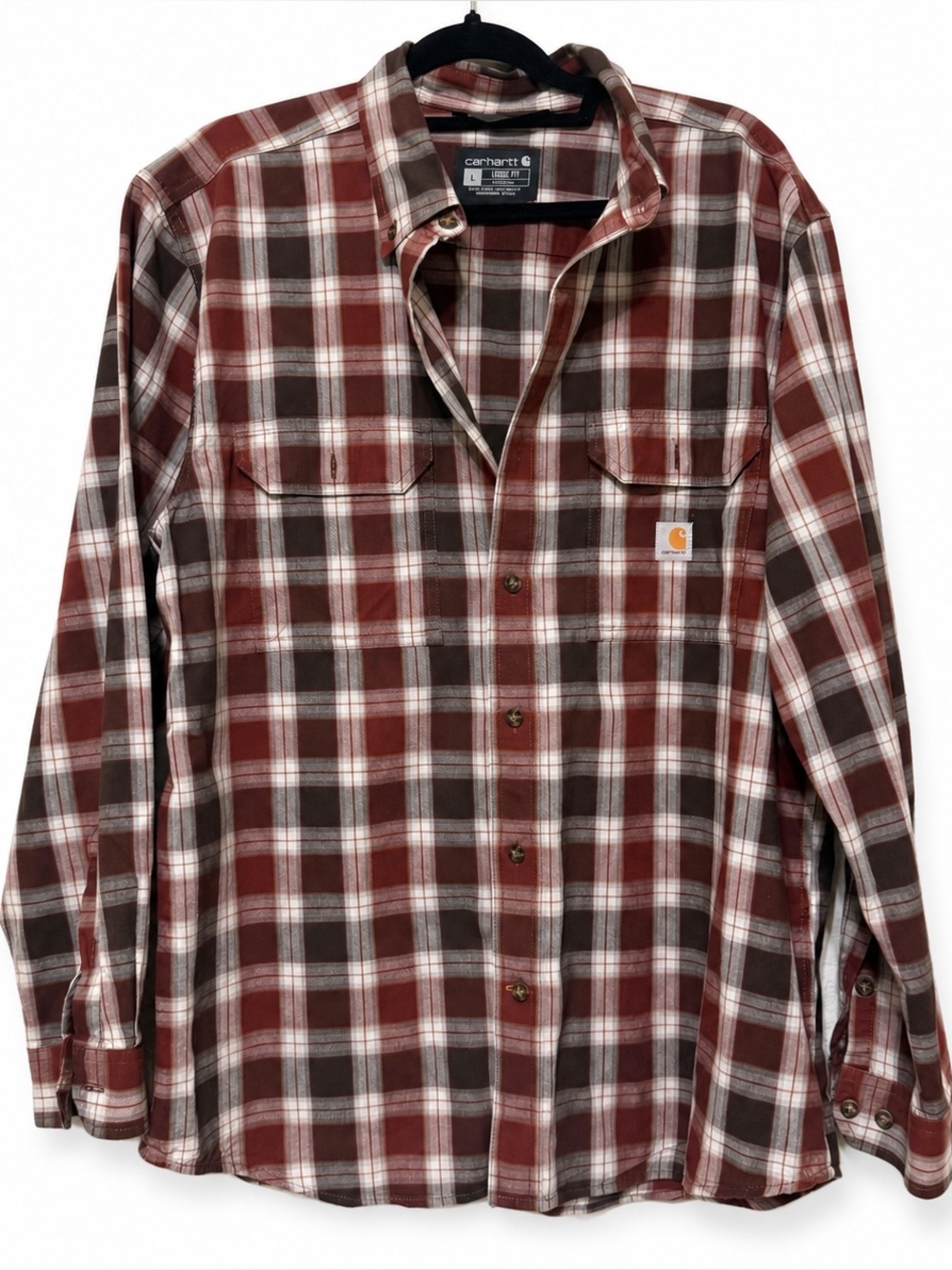 🦕Carhartt| Men’s L Brown Plaid Flannel Work Shirt Loose Fit Fall Workwear